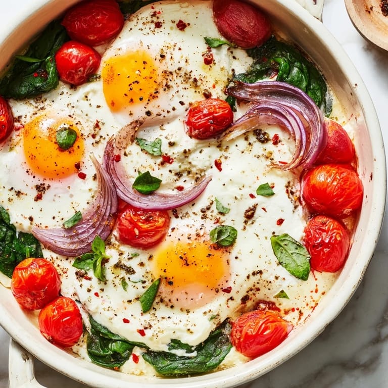 This photo shows a close-up of the delightful Baked Feta Eggs with runny yolks, ready to serve with crusty bread.