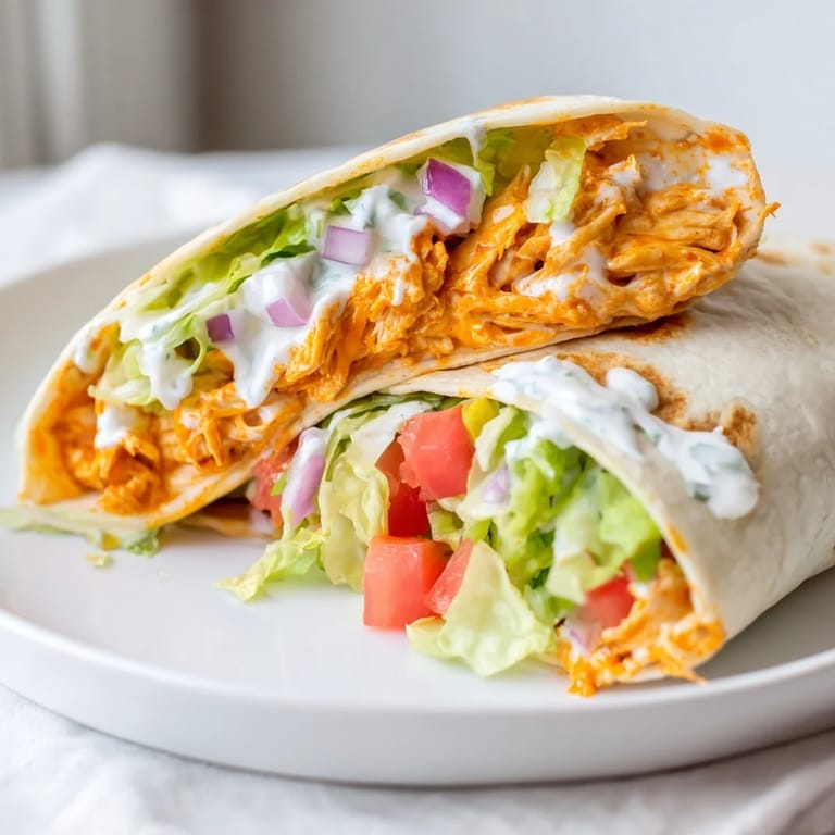 Golden-brown Buffalo Chicken Wrap, filled with savory chicken, cheese, and fresh vegetables for a tasty meal.