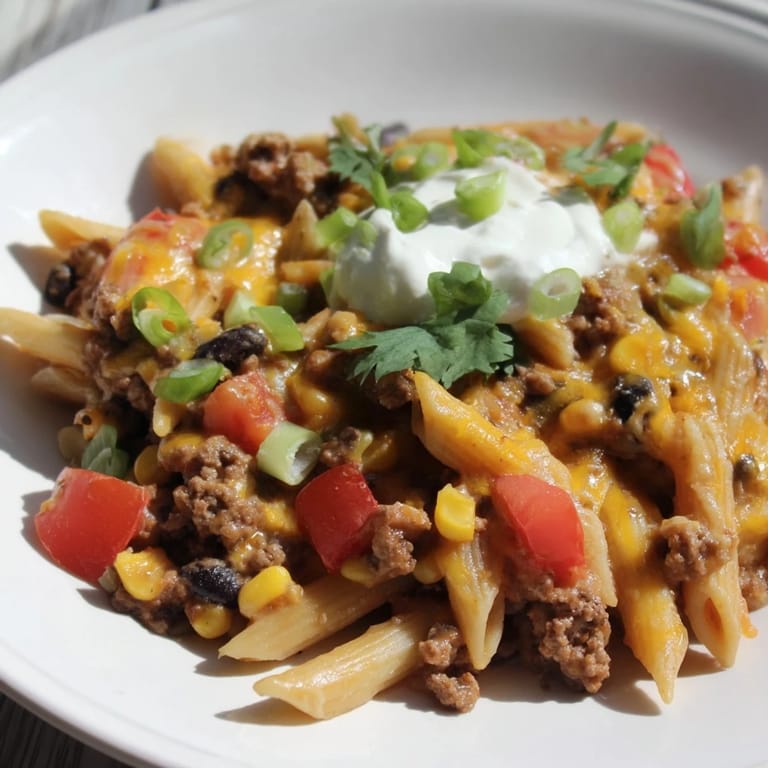 Flavorful cheesy taco pasta with creamy sauce and ground beef, perfect for a quick weeknight meal.