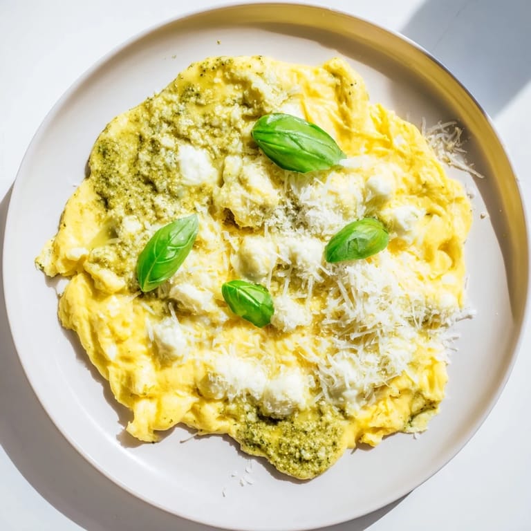 Visualize creamy Pesto Cottage Cheese Eggs, ready to be served with crusty bread for brunch.
