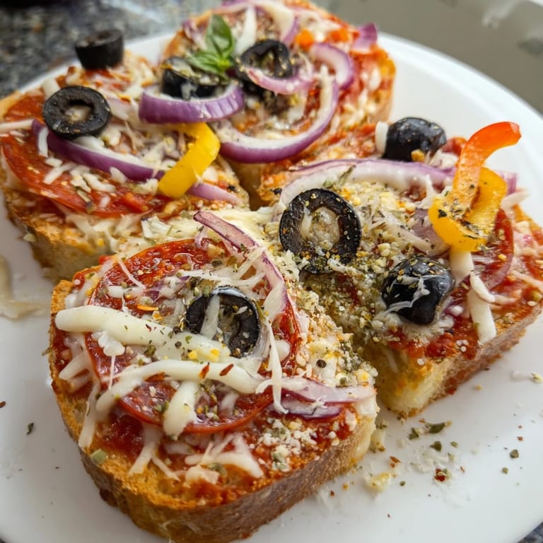 Upgraded TikTok Pizza Toast 2.0 shows off a close-up of cheesy, broiled perfection, ready to eat.