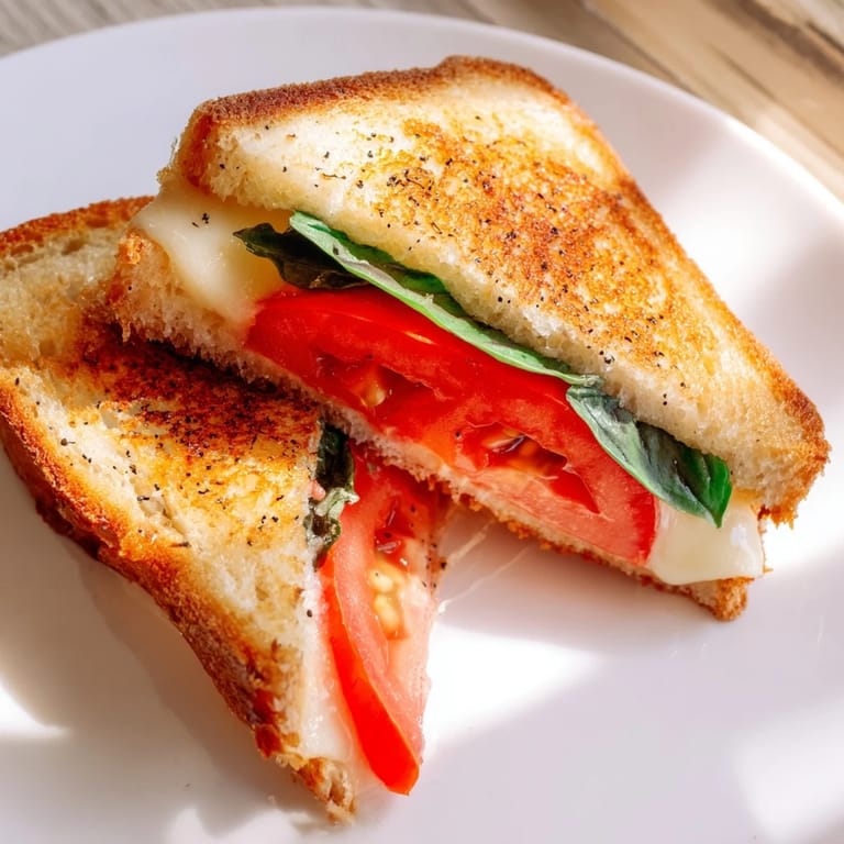 Savory Tomato Basil Grilled Cheese, a perfectly grilled sandwich filled with fresh, flavorful ingredients and cheese.