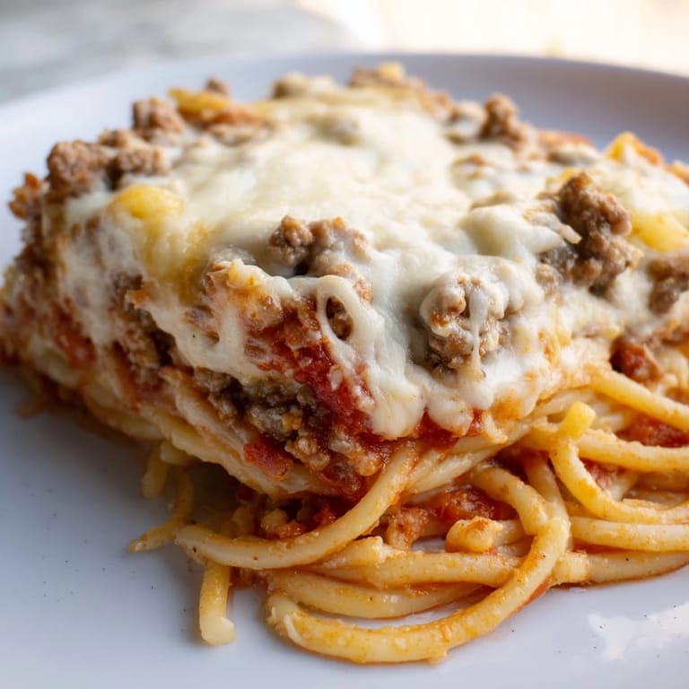 Gooey mozzarella tops this baked Million Dollar Spaghetti, a hearty dish perfect for family dinner tonight.