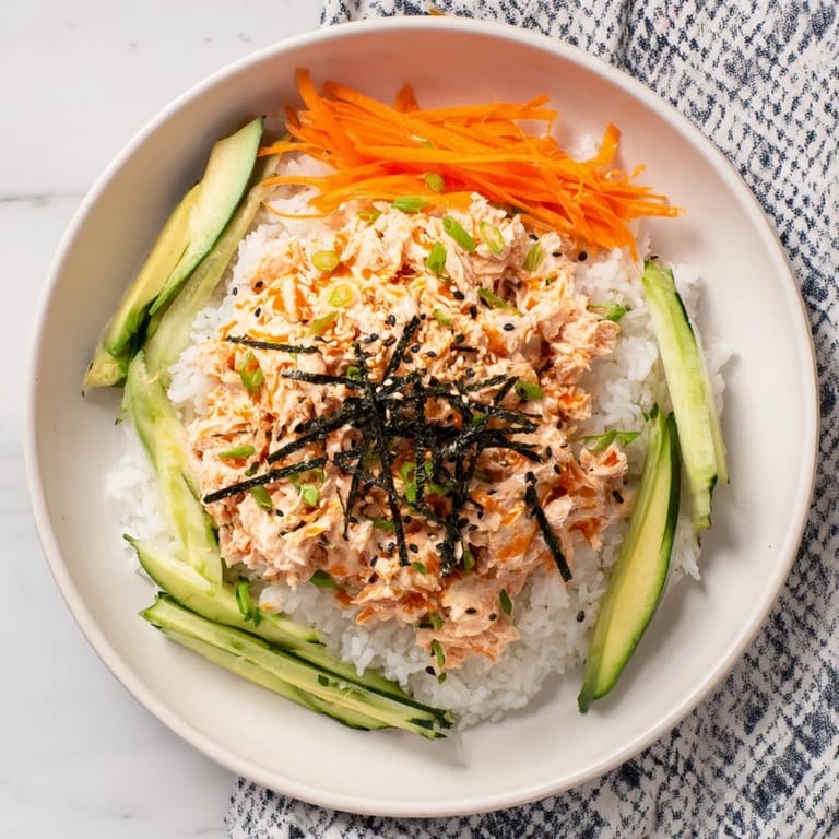 Flaky canned salmon tossed into a flavorful Spicy Canned Salmon Rice Bowl, served over hot rice with sesame seeds.