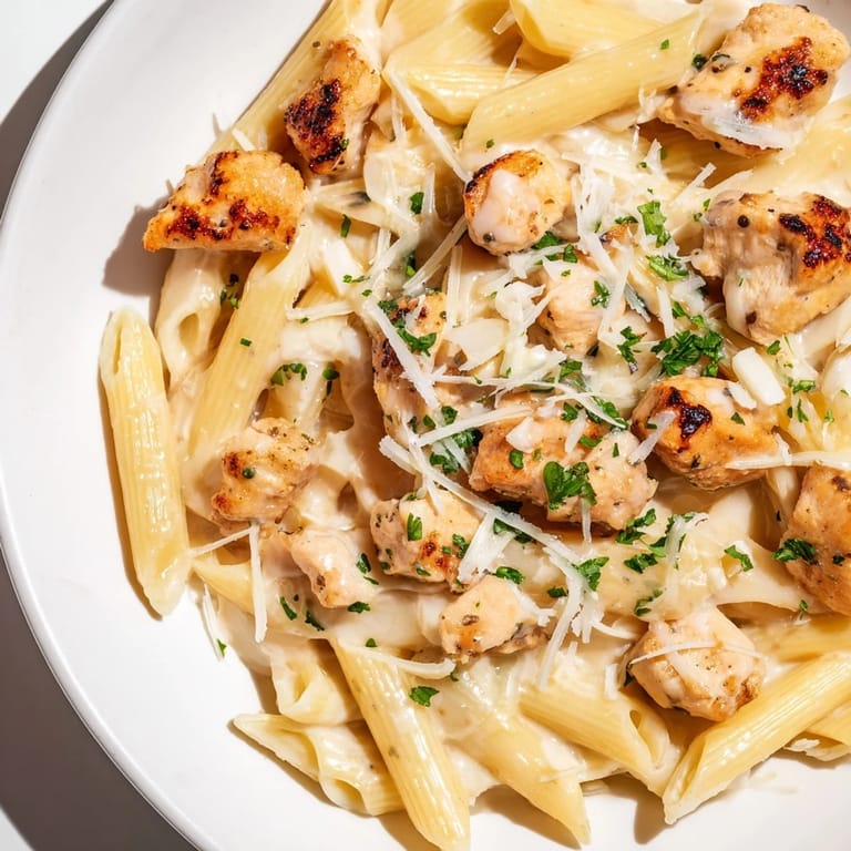 Savor the aroma of this Quick Garlic Parmesan Chicken Pasta, with parsley garnish beside cooked chicken.