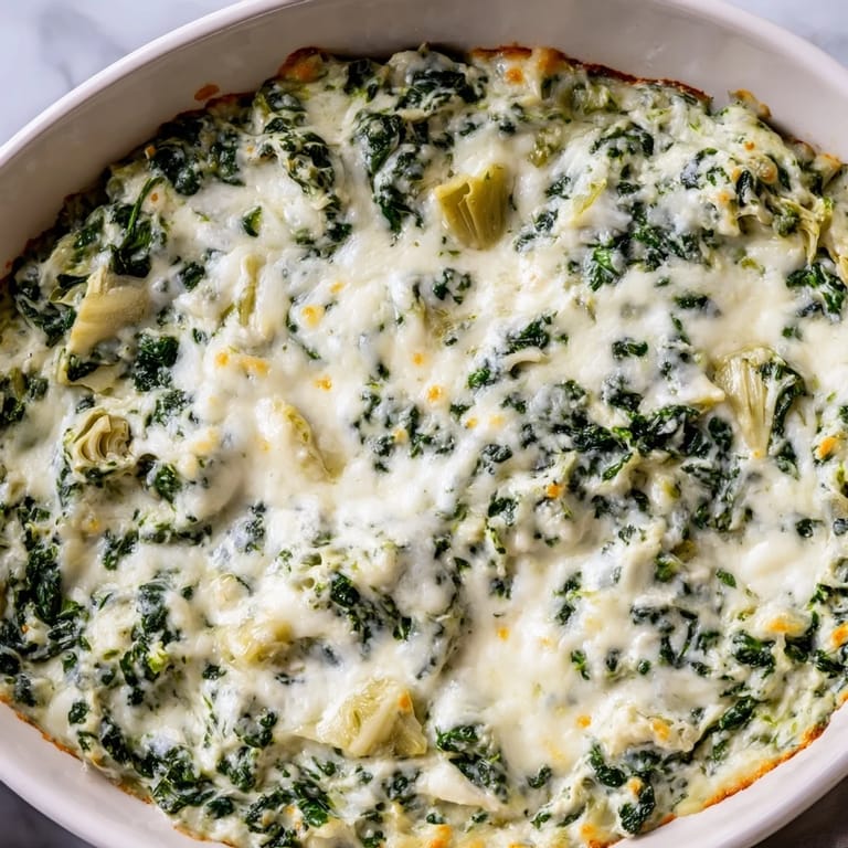 Homemade Spinach Artichoke Dip, bubbling enticingly in a baking dish, a fantastic appetizer.