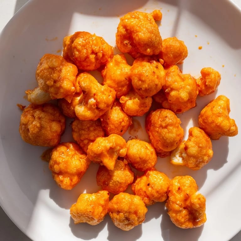 A platter of vibrant Buffalo Cauliflower Bites, freshly tossed in sauce, ready to serve as an appetizer.