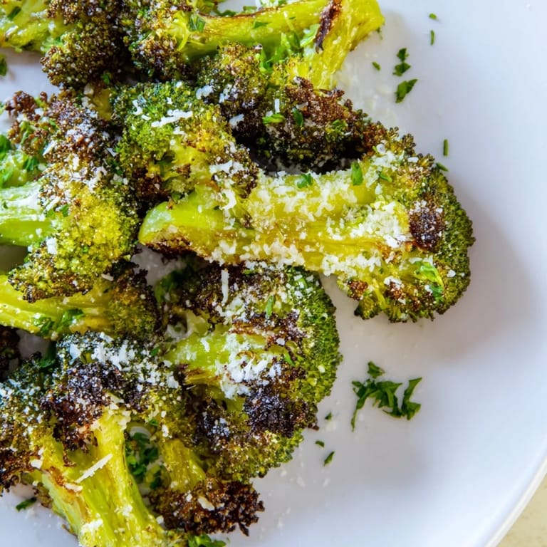 A close-up of Garlic Parmesan Roasted Broccoli, highlighting its crispy, browned edges and cheesy goodness.