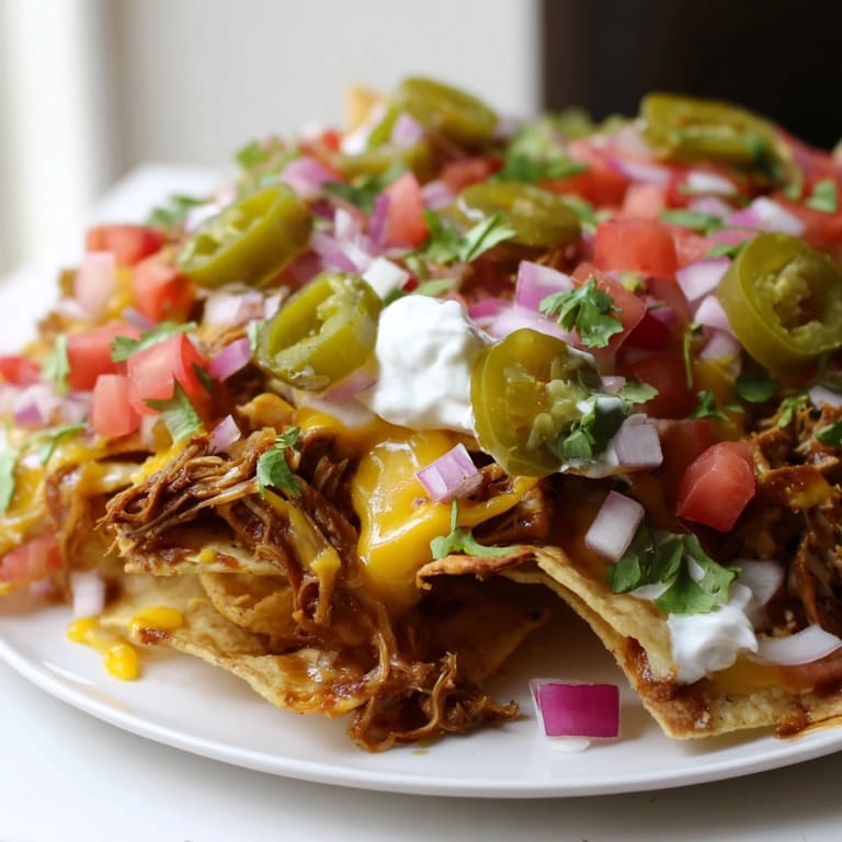 A close-up of sizzling Loaded Nachos with pulled pork, showcasing generous layers of cheese and fresh cilantro.