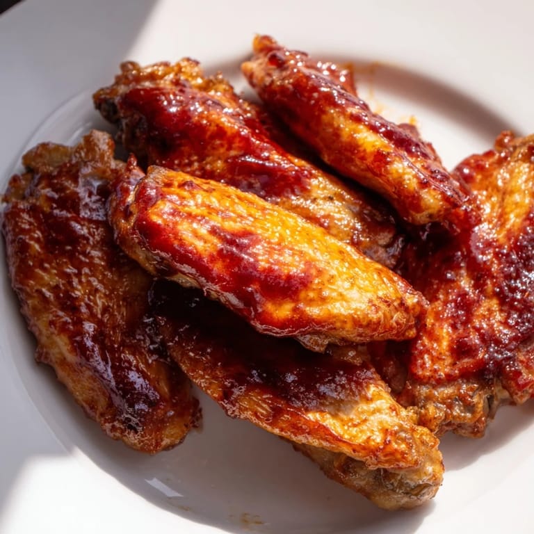 Close-up of golden Baked Sticky Honey BBQ Wings with visible texture, promising a flavorful bite.
