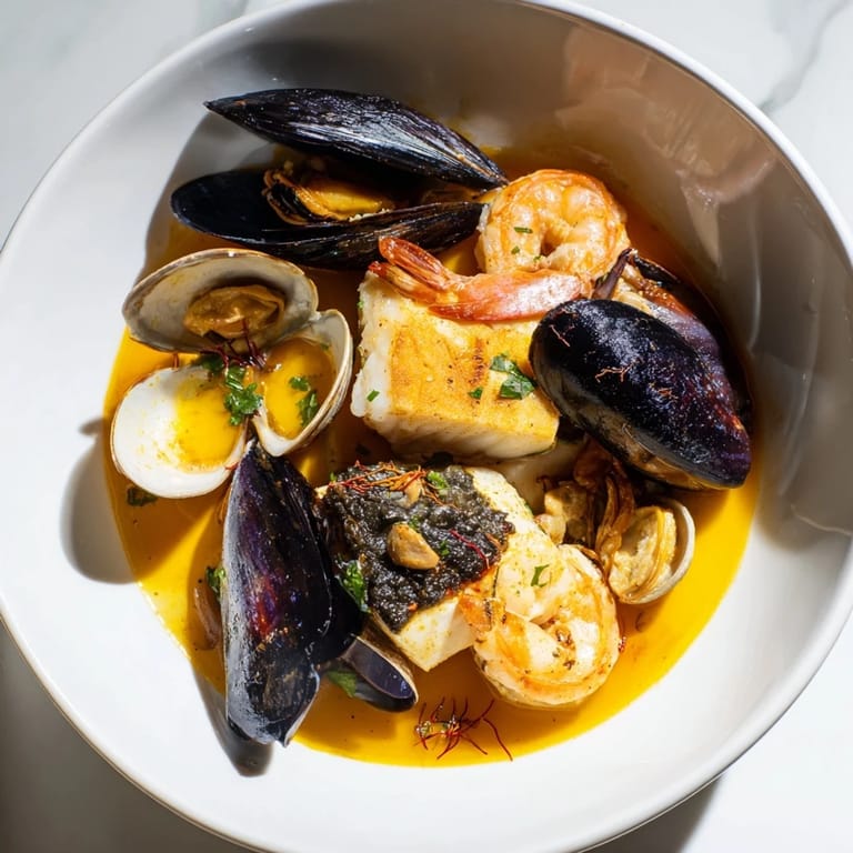 This delightful bouillabaisse showcases tender fish and shellfish in a flavorful, saffron-infused broth, ready to savor.