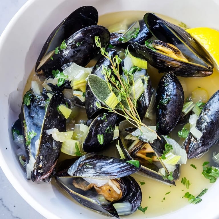 Enjoy a close-up of delicious Belgian Moules Marinière, a classic, comforting seafood dish with crusty bread.