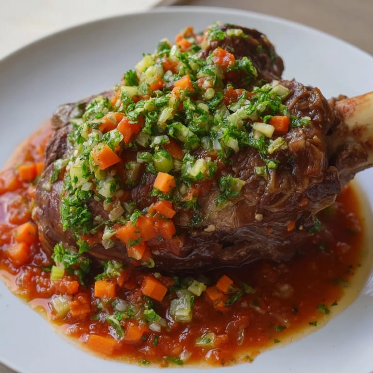 A close-up of steaming Osso Buco, highlighting the fork-tender meat and flavorful braising liquid.