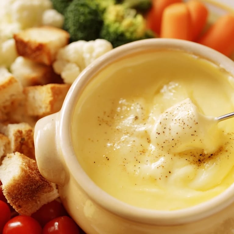 Melted Swiss cheese fondue, a creamy delight, is ready for dipping crusty bread in this traditional dish.