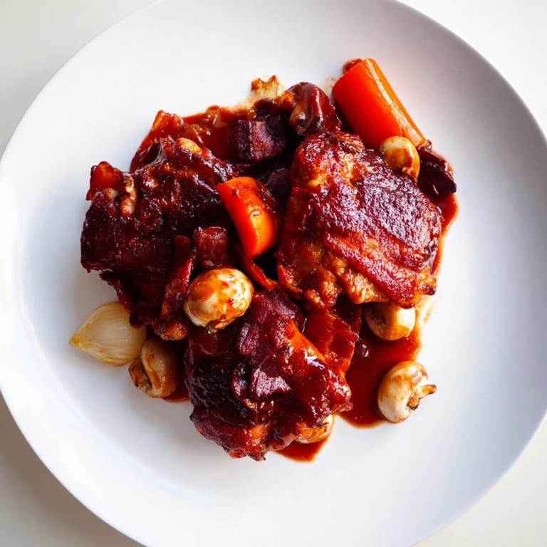 Aromatic Coq au Vin, with golden chicken pieces nestled amongst savory mushrooms and onions.