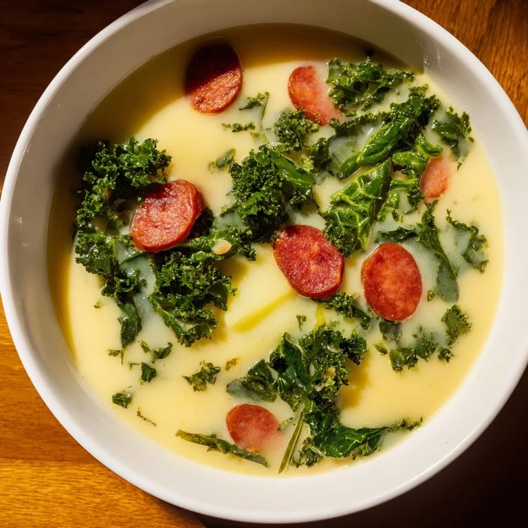Warm, inviting image of Portuguese Caldo Verde; creamy soup and chorizo are the perfect comfort food.