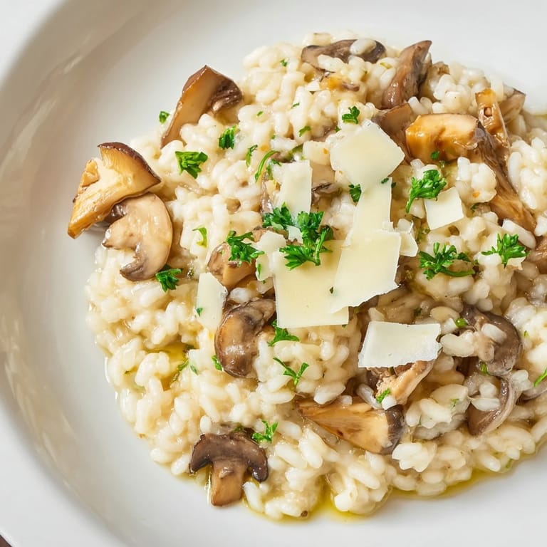 Close-up of golden Italian Mushroom Risotto, showcasing the texture of Arborio rice and mushrooms.