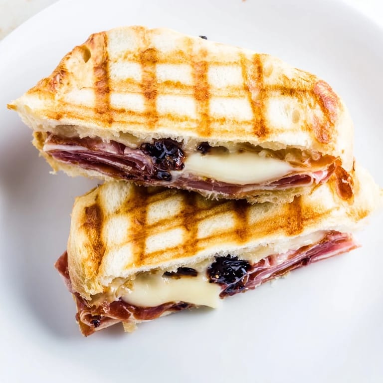 A Crispy Prosciutto & Fig Panini sliced to reveal layers, served with arugula and white wine.