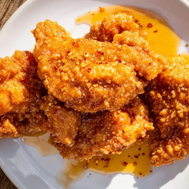 A plate of crispy hot honey butter chicken with a drizzle of golden sauce and a side of pickles.