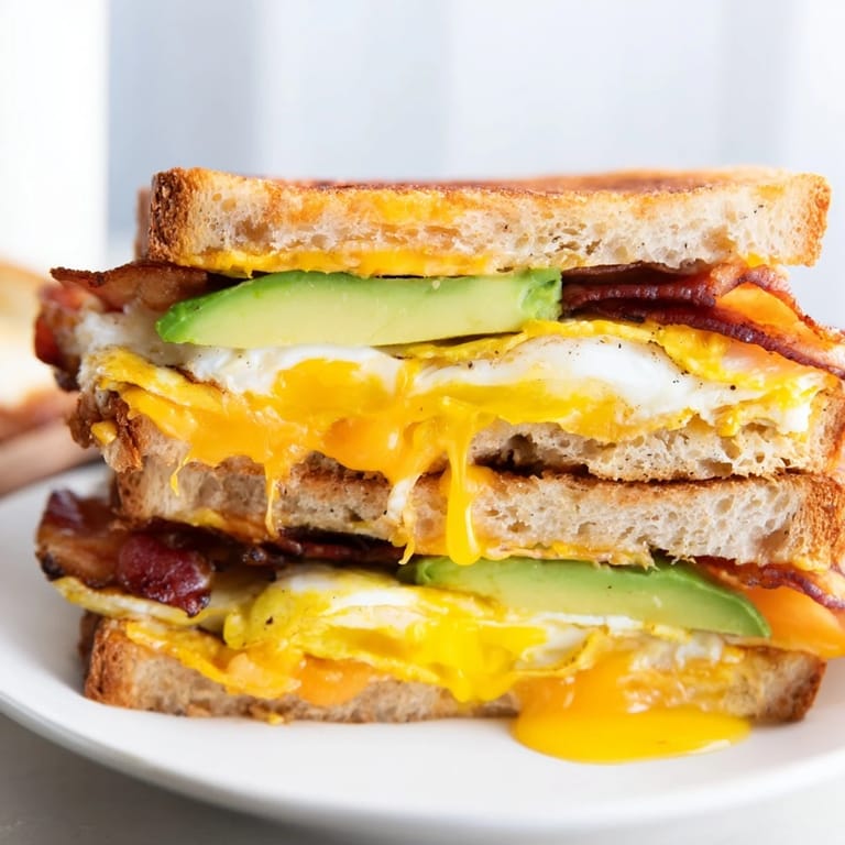 Served on a rustic plate, this loaded breakfast sandwich pairs perfectly with hot coffee for a hearty morning meal.