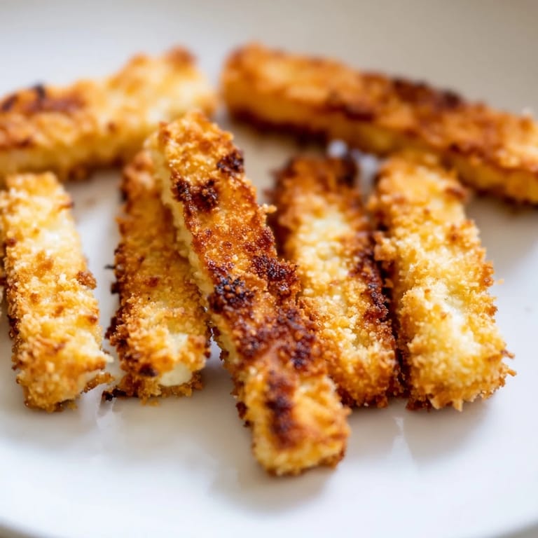 Sizzling Crispy Panko Halloumi fries in a pan, coated in seasoned breadcrumbs for a quick vegetarian appetizer or game-day snack.