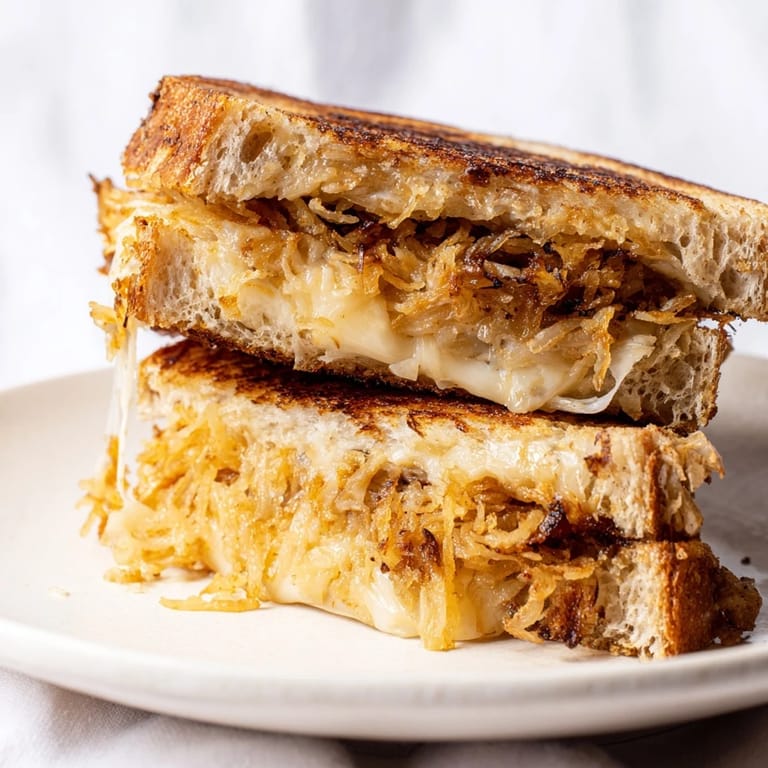 Two halves of a hot Crispy Onion Grilled Cheese sandwich sit beside a bowl of creamy tomato soup, perfect for lunch.