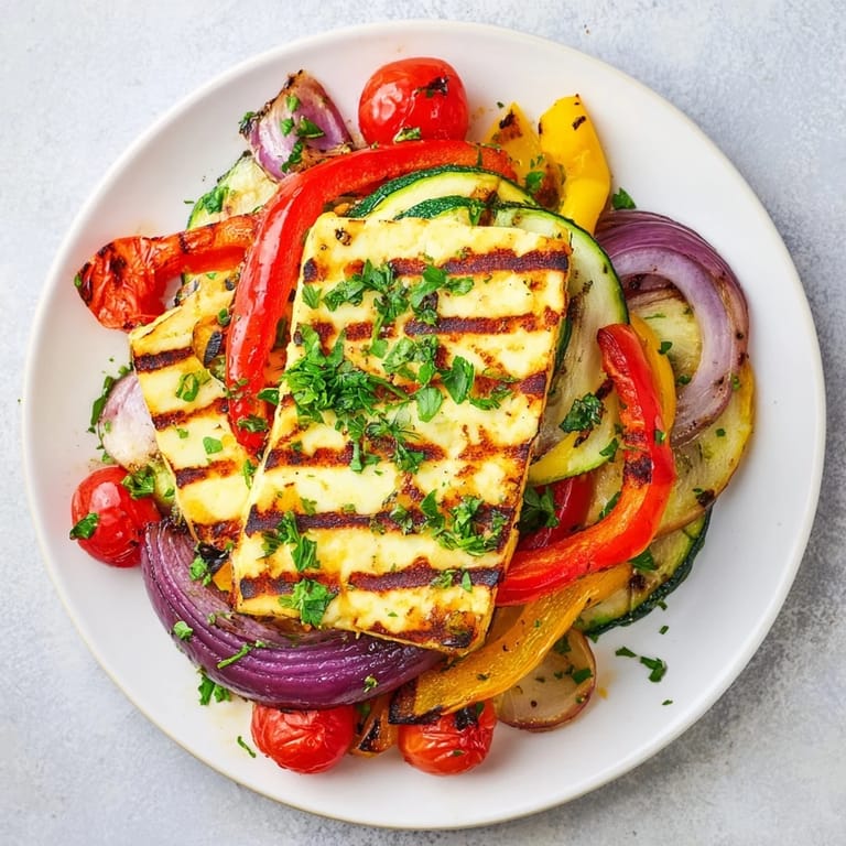 Sizzling grilled halloumi cheese steak with zucchini, red onion, and balsamic dressing on a white plate.