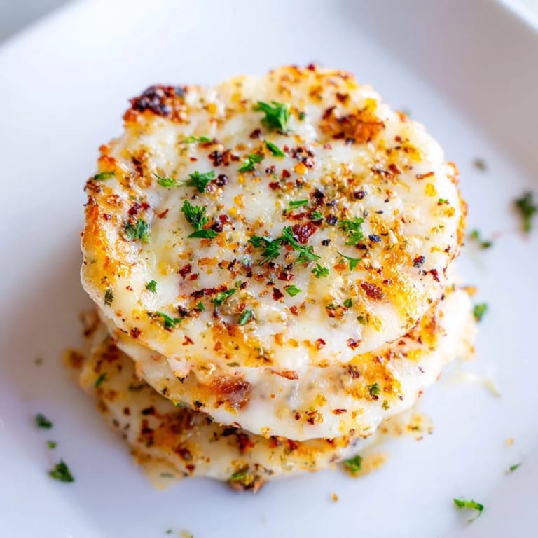 A close-up view of stacked rice cakes layered with melted mozzarella and parmesan, brushed with olive oil and baked to crispy perfection.