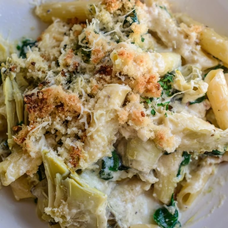 Savory Artichoke Pasta Bake served in a white dish with spinach and marinara cream sauce.