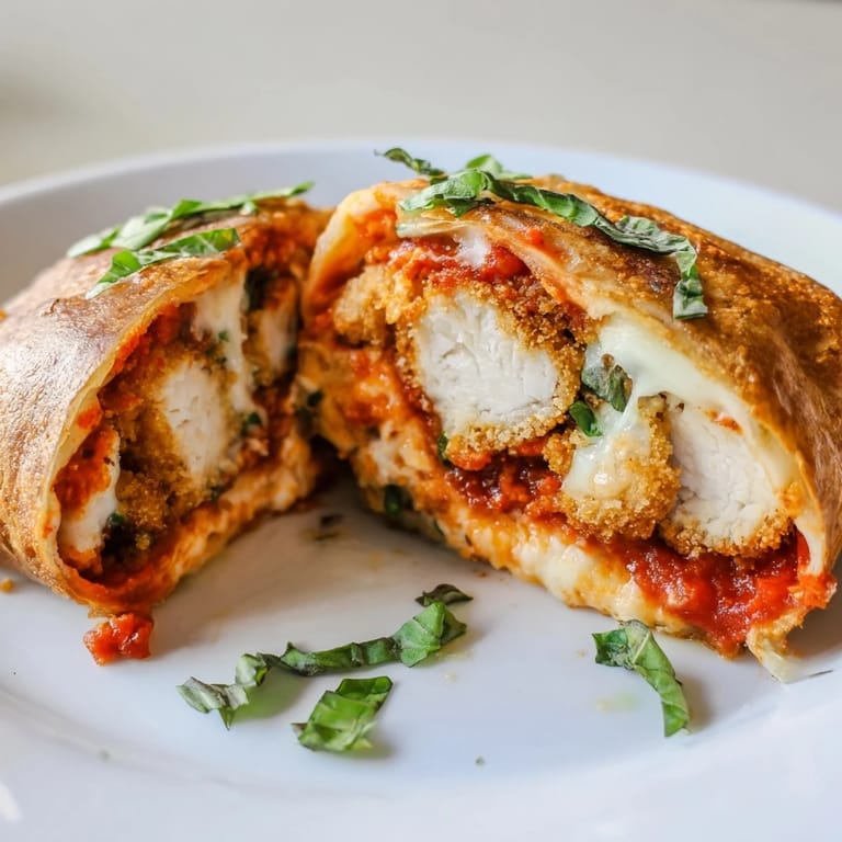 Handheld Crispy Chicken Parm Wrap cut in half, revealing layers of rich marinara and cheese.