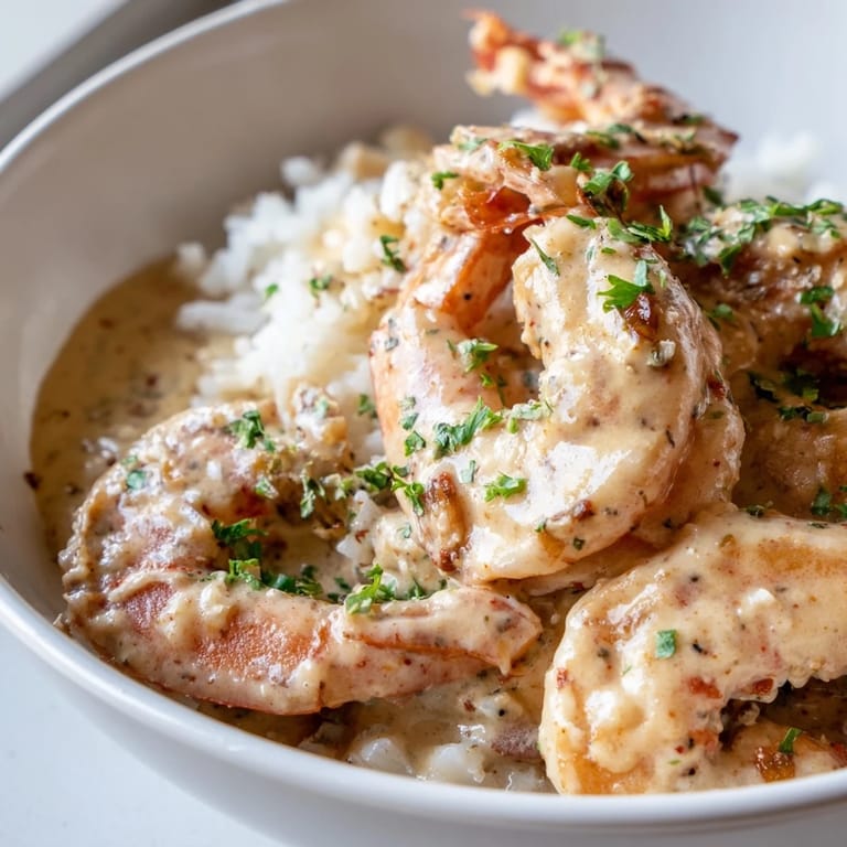 Golden-brown shrimp coated in rich cream sauce served over a bed of fragrant rice.  