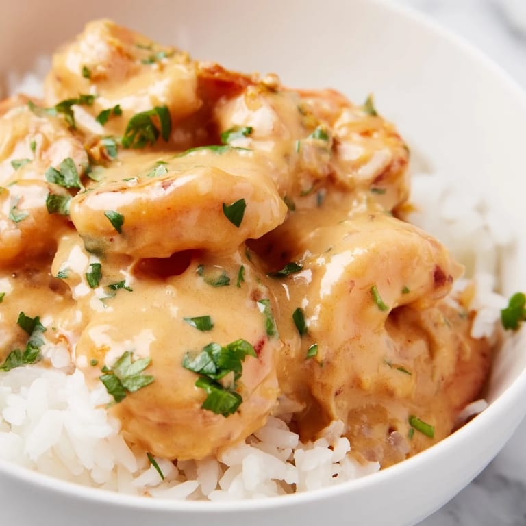 A vibrant bowl of Cajun shrimp, creamy sauce, and rice, garnished with fresh parsley.