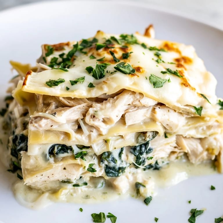 Homemade Chicken Alfredo Lasagna served fresh from the oven, garnished with parsley and perfect for a family dinner.