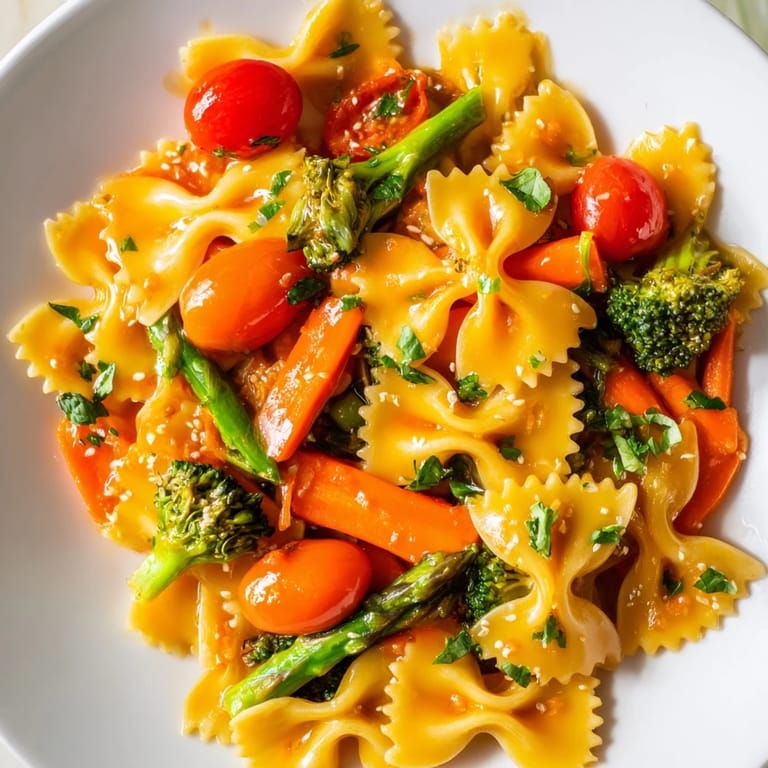 Hearty rainbow veggie pasta primavera tossed with zucchini, bell peppers, and peas in a lemony olive oil sauce.