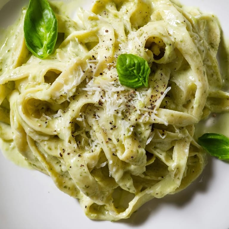 A skillet of freshly tossed Creamy Green Pea Alfredo, garnished with cracked black pepper and herbs.