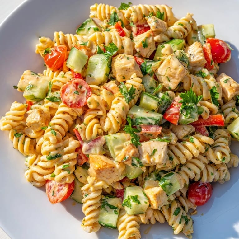 Honey Mustard Chicken Pasta Salad served in a white bowl, mixing spiral pasta, diced chicken, tomatoes, cucumbers, and fresh parsley garnish.