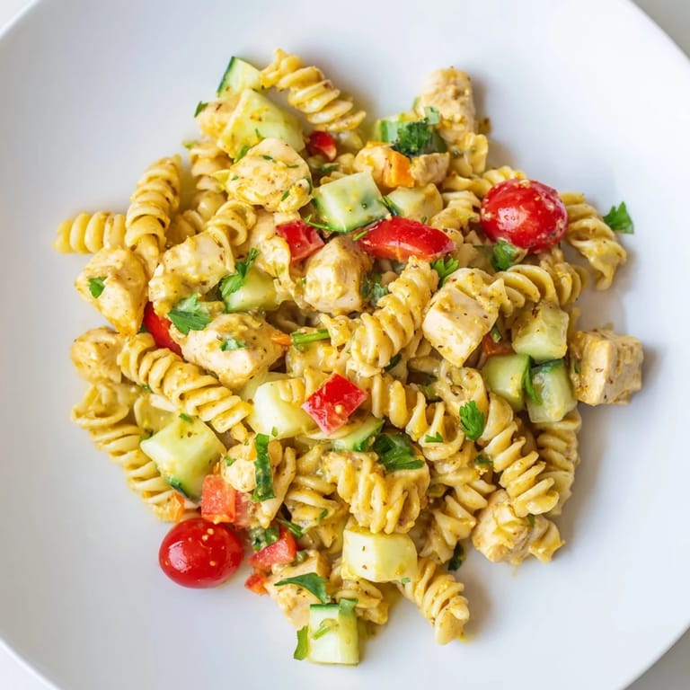 Close-up of Honey Mustard Chicken Pasta Salad showing glossy dressing coating pasta, chicken, and colorful bell peppers—perfect for a light meal.