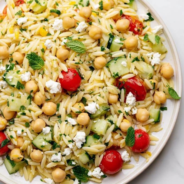 Vibrant Lemony Chickpea Orzo Salad tossed with chickpeas, diced cucumbers, cherry tomatoes, and crumbled feta on a rustic wooden table.
