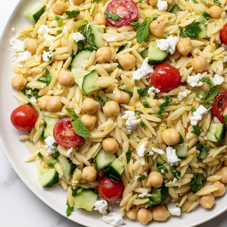 Close-up of Lemony Chickpea Orzo Salad with glistening lemon vinaigrette, fresh mint leaves, and red onion, perfect for a light vegetarian lunch.