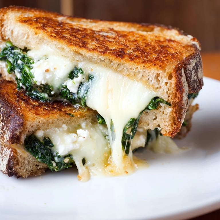 A close-up view of a Feta & Spinach Stuffed Grilled Cheese, highlighting the toasted crust and creamy filling.