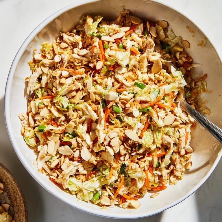 Easy, dairy-free Crunchy Ramen Chicken Salad served fresh with a drizzle of sesame dressing for a quick potluck side.