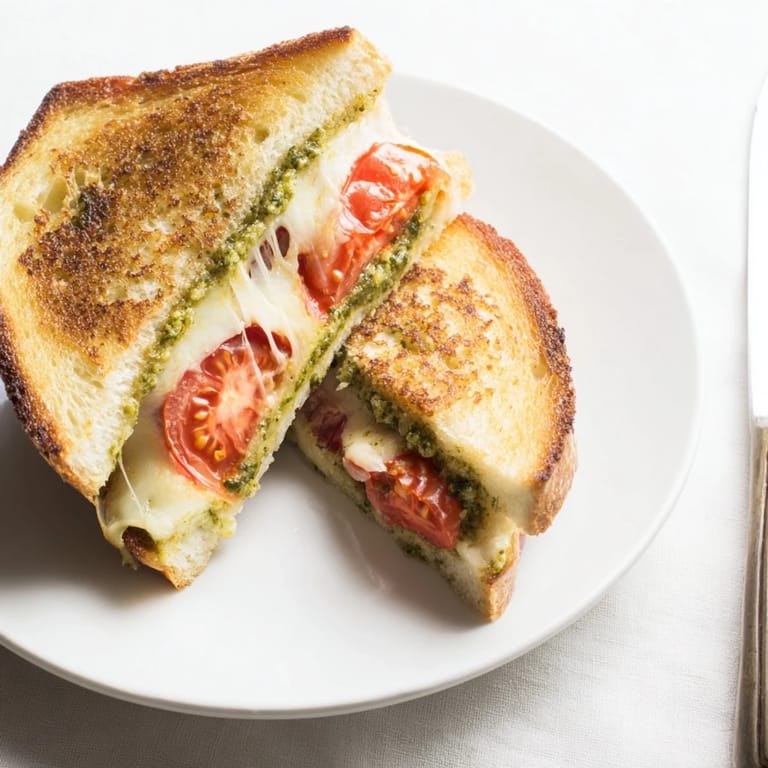 A golden-brown Caprese Pesto Grilled Cheese on a rustic plate, drizzled with balsamic glaze, ready to serve.