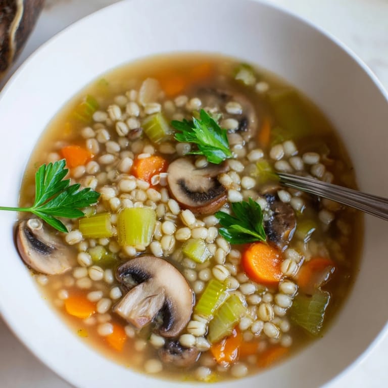 Mushroom and Barley Soup simmering in a pot with carrots, celery, and onions, ready to serve.