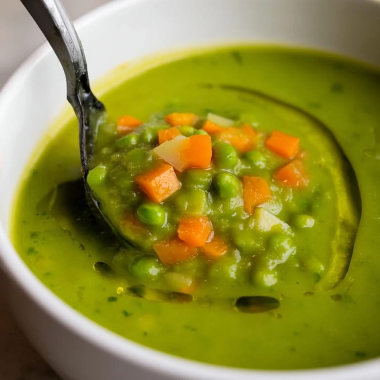 A ladle of golden Split Pea Soup pours from a pot, revealing steam and smoky ham, perfect with crusty bread.