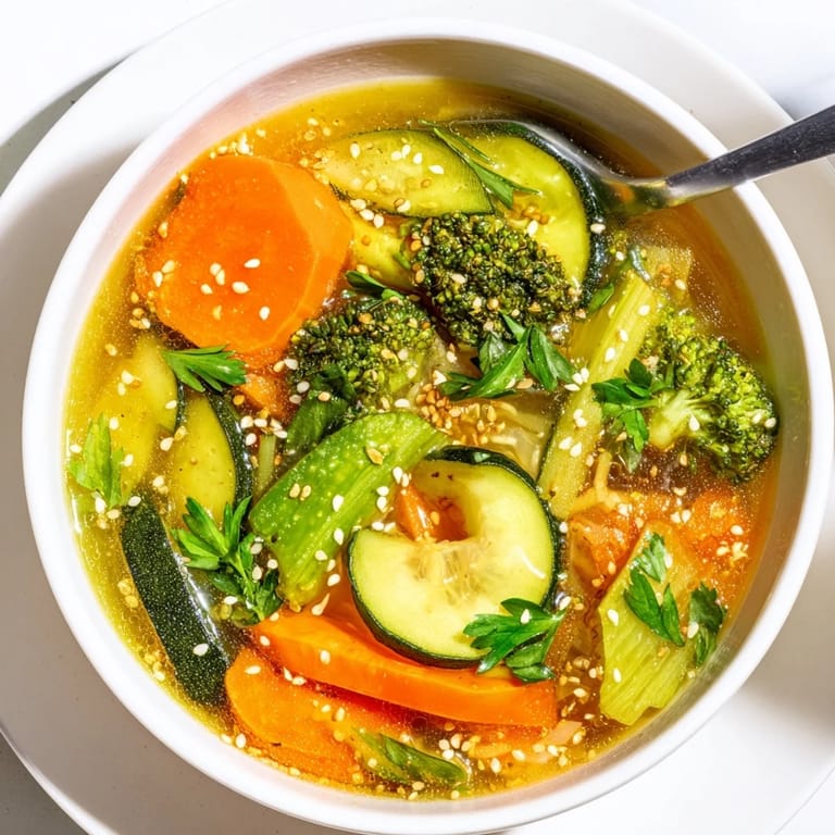 Close-up of the Collagen-Boosting Broth Bowl featuring tender vegetables and herb garnish.
