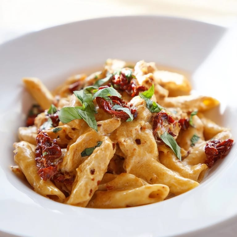 A close-up view of the rich, garlicky sauce coating every bite of the Creamy Sun-Dried Tomato Chicken Pasta.