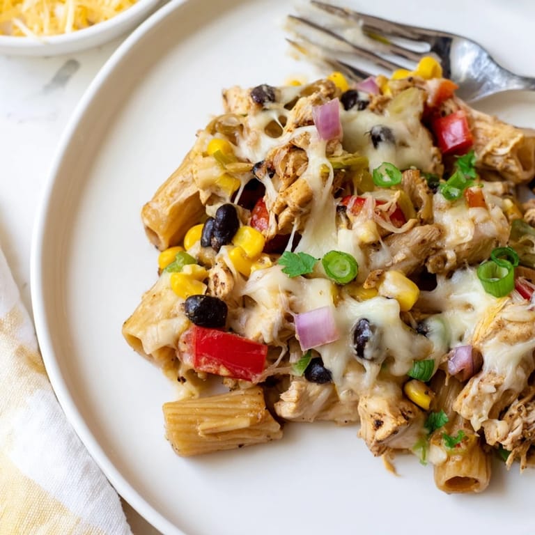This one-pan Crispy Chicken Burrito Pasta features golden chicken and saucy penne, topped with a blend of cheddar and Monterey Jack.