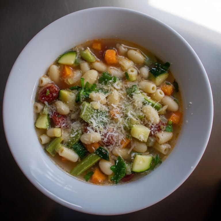 A warm, comforting bowl of Minestrone Vegetable Soup served with crusty bread, showcasing tender vegetables and pasta in a fragrant Italian-style broth.