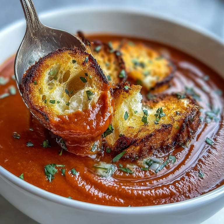 Roasted tomato soup with crispy croutons served steaming in a rustic ceramic bowl.