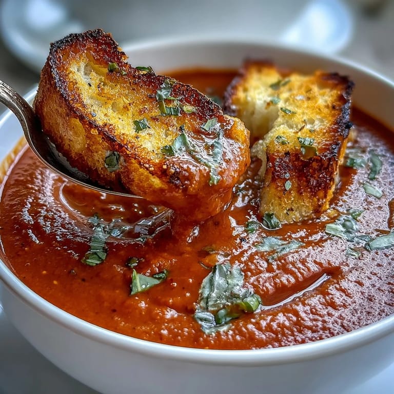 Homemade roasted tomato soup topped with crunchy croutons and a swirl of cream.